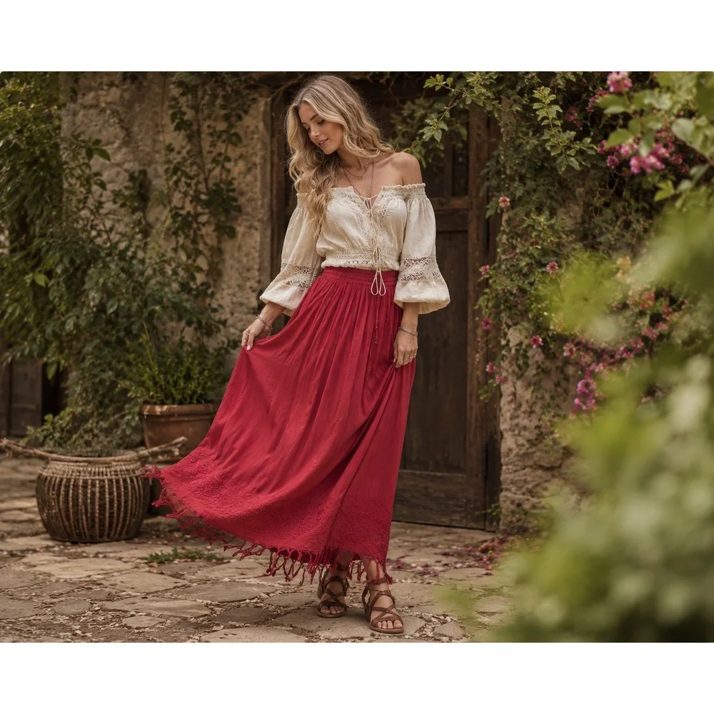 Red Maxi Peasant Skirt Womens S Boho Cottagecore Festival Fringe Flowy